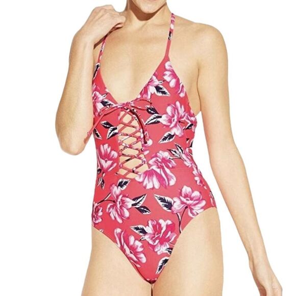 Xhilaration Women's Lace-Up Front Scoop Back One Piece Swimsuit Floral in M - Picture 1 of 15